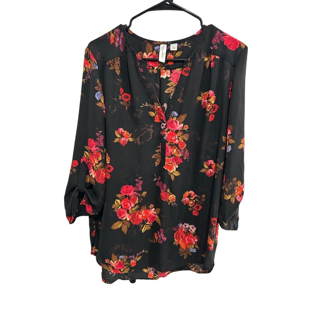 Tacera Black Floral Print V-Neck Long Sleeve Blouse Size L Boho Cottagecore